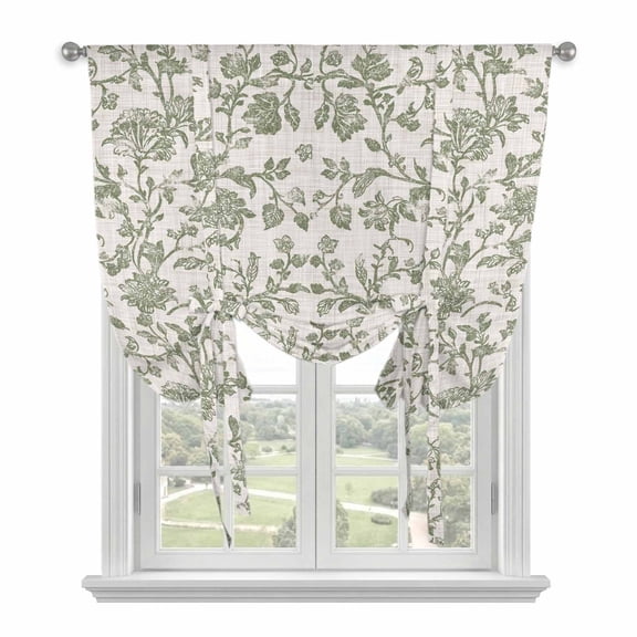 Pastoral Flowers Tie Up Curtains, Green Flower Vintage Linen Texture Adjustable Rod Pocket Balloon Curtains Light Blocking Window Treatment for Kitchen Living Room Bedroom, 34 × 45 In