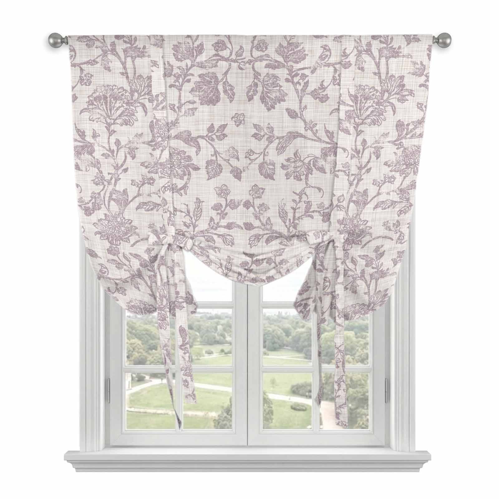 Pastoral Flowers Tie Up Curtains, Grey Purple Flower Vintage Linen Texture Adjustable Rod Pocket Balloon Curtains Light Blocking Window Treatment for Kitchen Living Room Bedroom, 42 × 54 In