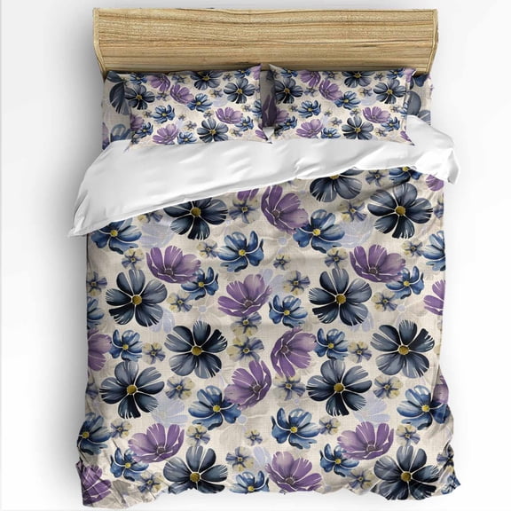 Pastoral Flowers Twin Size Comforter Set, Watercolor Purple Flower Retro Linen Soft Bedding for All Seasons, 4 Pcs Bed Set with 1 Comforter (68"x86") ,1Sheet(66"x116"), 2 Pillowcases (19"x29")