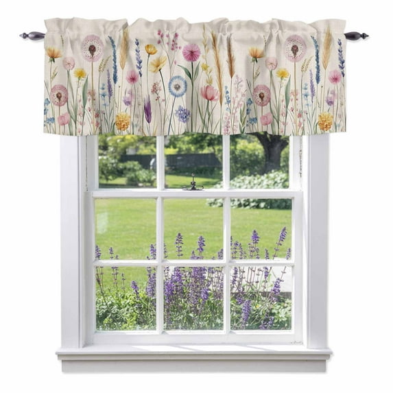 Pastoral Flowers Valance Curtain Wildflowers Retro Plants Linen Texture Window Valances Rod Pocket Short Curtains Window Treatments for Kitchen Bedroom Bathroom Laundry 42" x 12"
