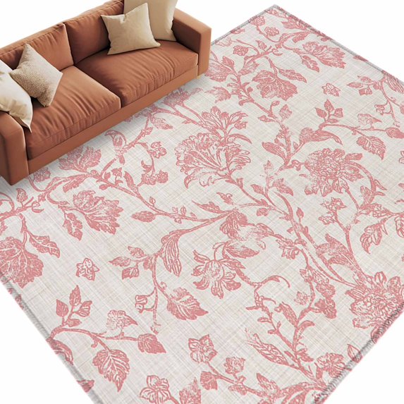 Pastoral Flowers Washable Area Rug 6 x 9 ft Coral Red Flower Vintage Linen Texture , Soft Non Slip Rugs Stain Repellent Indoor Felt Carpet for Living Dining Room Bedroom Home Office