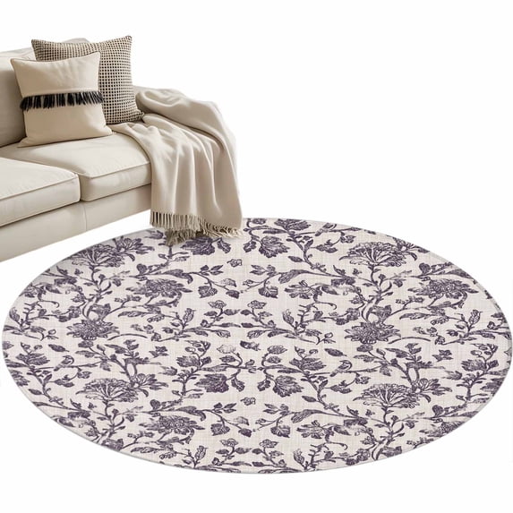 Pastoral Flowers Washable Round Area Rug 3 ft, Grape Purple Flower Vintage Linen Texture , Soft Non Slip Rugs Stain Repellent Indoor Felt Carpet for Living Dining Room Bedroom Home Office