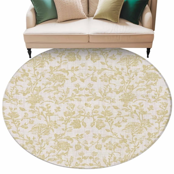Pastoral Flowers Washable Round Area Rug 5 ft, Yellow Flower Farm Vintage Linen Texture , Soft Non Slip Rugs Stain Repellent Indoor Felt Carpet for Living Dining Room Bedroom Home Office
