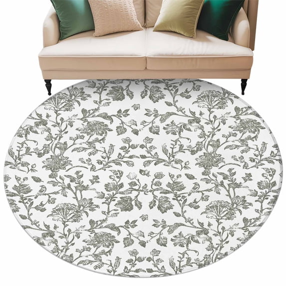 Pastoral Flowers Washable Round Area Rug 6 ft, Retro Green Flower Farmhouse Plant , Soft Non Slip Rugs Stain Repellent Indoor Felt Carpet for Living Dining Room Bedroom Home Office