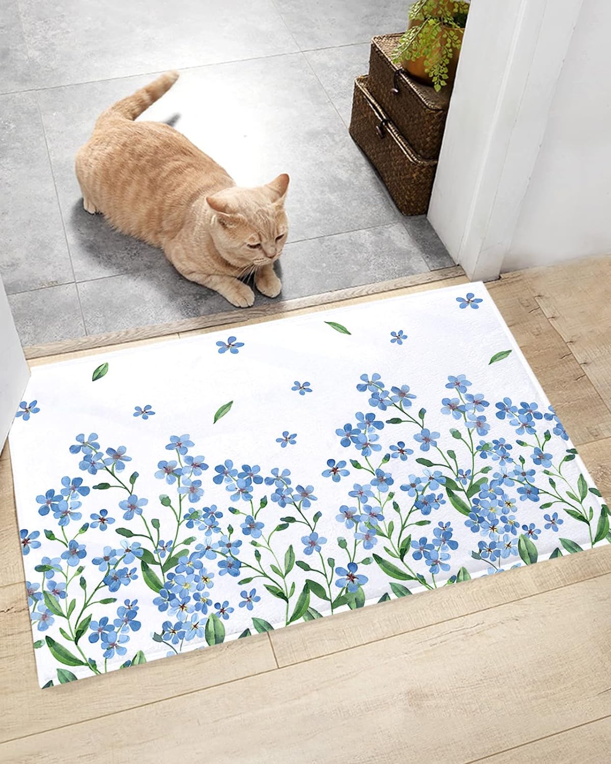 Pastoral Fluffy Shag Bath Mat Farmhouse Blue Flowers Green Leaf Area ...