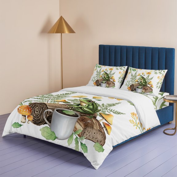 Pastoral Frog Coffee Plant Queen Size Bed Set,Watercolor Country Scenery Bedding for All Seasons,4 Pcs Bed Set,1 Quiltcover (90"x90"),1 Sheet (90"x102"),2 Pillowcases (20"x30")