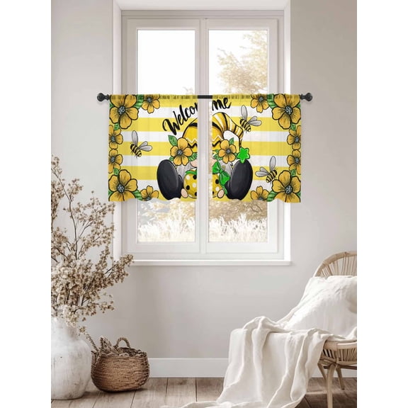 Pastoral Gnome Yellow Flower Bee Green Leaves Chiffon Sheer Curtains 45 Inches Long Stripes Rod Pocket Window Curtains Voile Drapes Curtains for Living Room Bedroom,2 Panels
