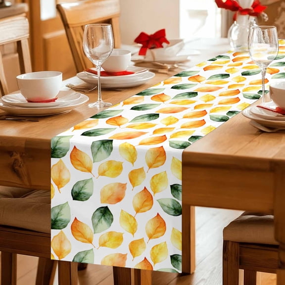 Pastoral Gradient Yellow Green Leaves Table Runner 36 Inches Long,Kitchen Dining Tablerunners Spring Cartoon Leaf Linen Table Runners Dresser Scarves for Home Dinner Wedding Holiday Party Decor