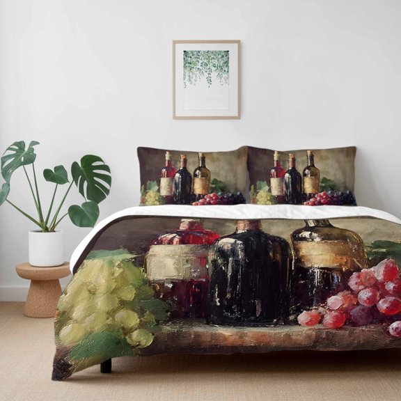 Pastoral Grape Leaves Wine California King Size Bed Set,Retro Wood Board Bedding for All Seasons,4 Pcs Bed Set with 1 Quiltcover (96"x104"),1 Sheet (110"x98"),2 Pillowcases (20"x36")