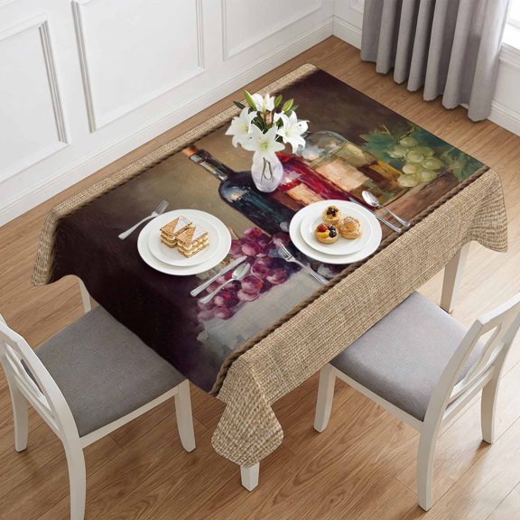 Pastoral Grape Leaves Wine Table Cloth 60x84in, Waterproof Rectangle Tablecloth Wipeable Tablecloths Country Plank Retro Linen Table Covers for Dining Tables Party Indoor Outdoor