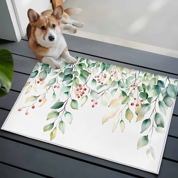 Pastoral Green 2x3 Area Rugs for Living Room, Eucalyptus Leaf Red Fruit Watercolor Botanical Non Slip Floor Mat Washable Low-Profile Indoor Carpet for Bedroom, Dining Room, Bathroom