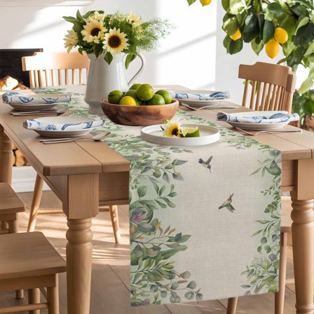 Pastoral Green Bird Eucalyptus Leaves Table Runner-90 Inch Long Watercolor Plant Table Runners Linen Burlap Tablerunner for Kitchen Dining Room Holiday Party