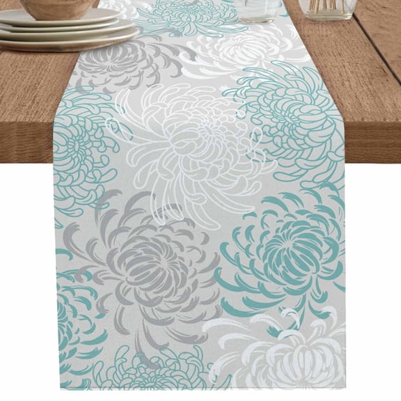 Pastoral Green Chrysanthemum on Retro Table Runner-36 Inch Long Watercolor Flower Table Runners Linen Burlap Tablerunner for Kitchen Dining Room Holiday Party