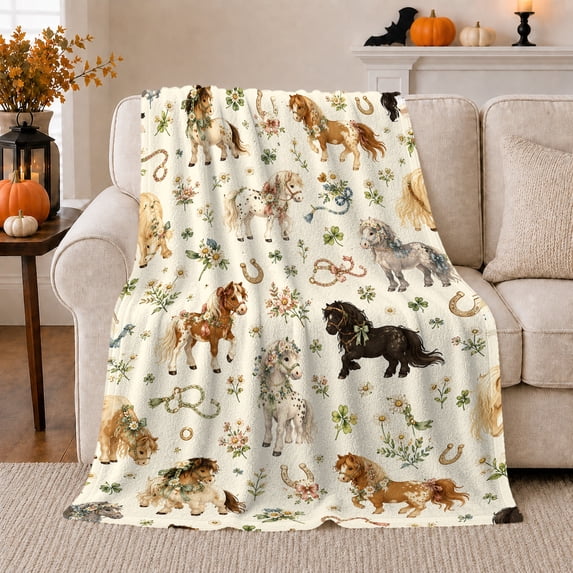 Pastoral Horses Floral Wreaths Cream, Rustic Farmhouse Horse Scene, Warm Flannel Blanket for Ranch House and Living Room, Horse Lovers Friendship Gift, Rustic Home Decor