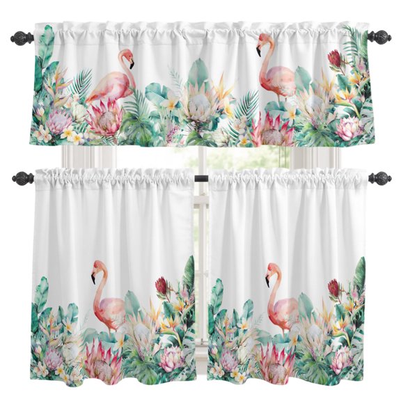 Pastoral Kitchen Curtains Set for Windows, Watercolors Green Tropical Floral Plants Flaming Birds Curtains Valance and Tier 3 Piece Set Small Drapes 36 Inch Length for Kitchen Bedroom Decor
