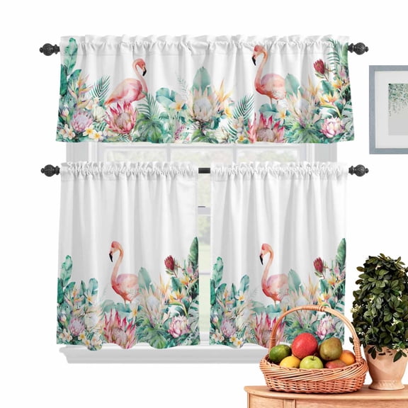Pastoral Kitchen Curtains Valances 3 Piece Set, Watercolors Green Tropical Floral Plants Flaming Birds Rod Pocket Tier Curtain and Valance Drapes for Small Window 24 Inch Length for Bedroom Cafe