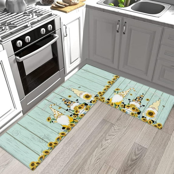 Pastoral Kitchen Rugs and Mats Set of 2, Farm Dwarf Summer Sunflower Non-Slip Floor Doormat Comfort Area Runner Rug and Mat, Vintage Teal Plank Indoor Entrance Carpet Home Decor
