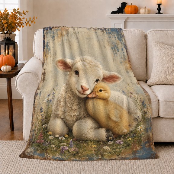 Pastoral Lamb Duckling Meadow Scene, Cozy Friendship Quote Scene, Warm Flannel Blanket for Living Room and Reading Nook, Art Lovers Friendship Gift, Artistic Home Decor
