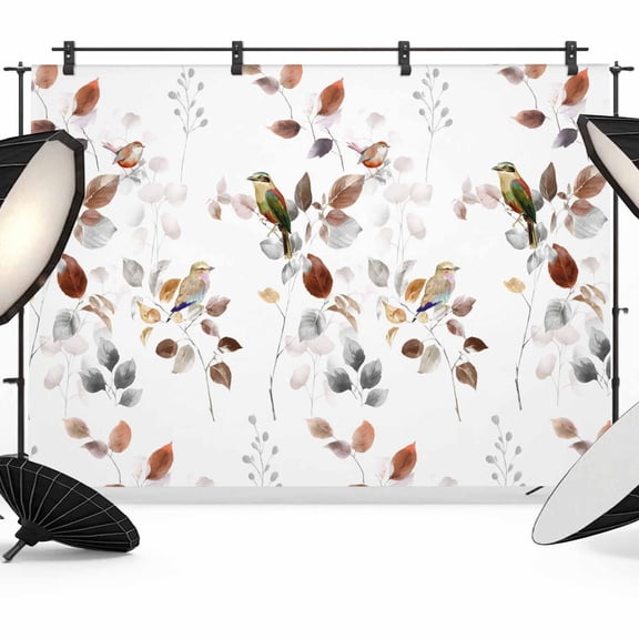 Pastoral Leaf Photography Backdrop 12x8FT, Watercolors Brown Grey Eucalyptus Leaves Birds Photo Backdrops, Background for Photography Studio Photo Studio Background, Back Drop for Photoshoot