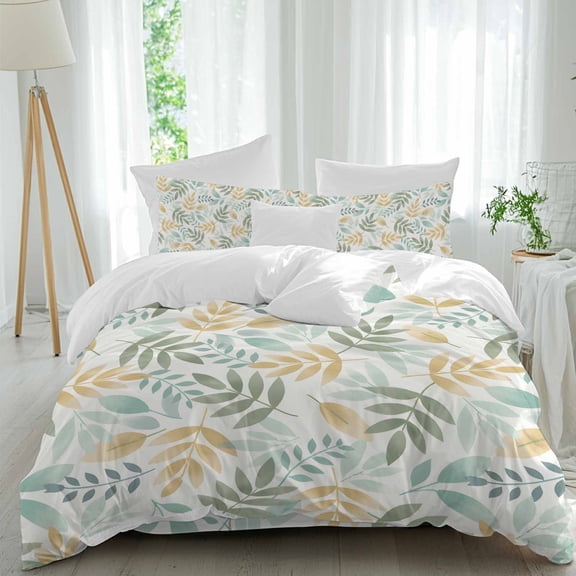 Pastoral Leaf Twin Size Comforter Set, Green Leaf Plant Botanical Watercolor Bedding for All Seasons, 4 Pcs Bed Set, 1 Quiltcover (68"x86") ,1Sheet(67"x116"), 2Pillowcases (30"x20")