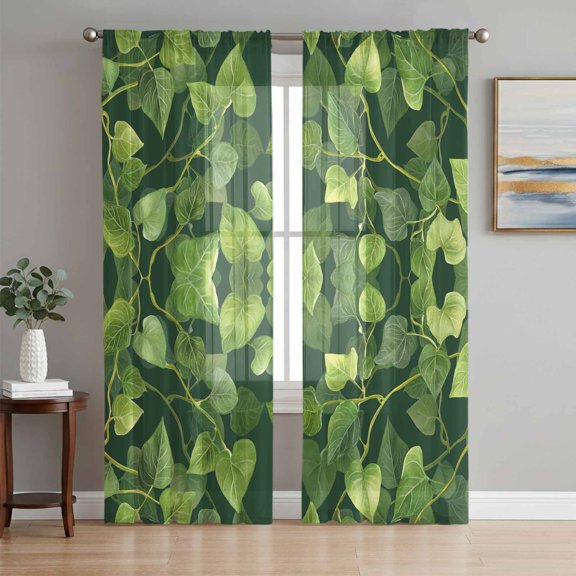 Pastoral Leaves Sheer Curtains 96 Inch Length 2 Panels Set, Spring Retro Abstract Botanical Voile Window Treatment Semi Sheer Long Curtains Drapes for Bedroom/Living Room/Kitchen 52"x96"x2
