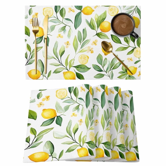 Pastoral Lemon Placemats Set of 4 Summer Botanical Leaves Watercolor Place Mats Indoor Wipeable Table Mats Washable Cloth Dining Table Placemats for Kitchen Holiday Party Home Decor 13x19 Inch
