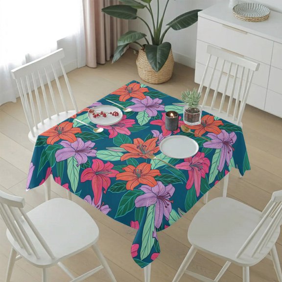 Pastoral Lily Blossom Floral Table Cloth 54x54in, Waterproof Square Tablecloth Wipeable Tablecloths Summer Leaves Gradient Table Covers for Dining Tables Party Indoor Outdoor