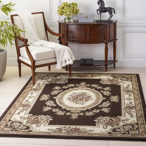Pastoral Medallion Brown French 5x7 (5'3" x 7'3") Area Rug European Floral Formal Traditional Area Rug Stain Resistant Shed Free Modern Classic Contemporary Thick Soft Plush Living Dining Room Rug