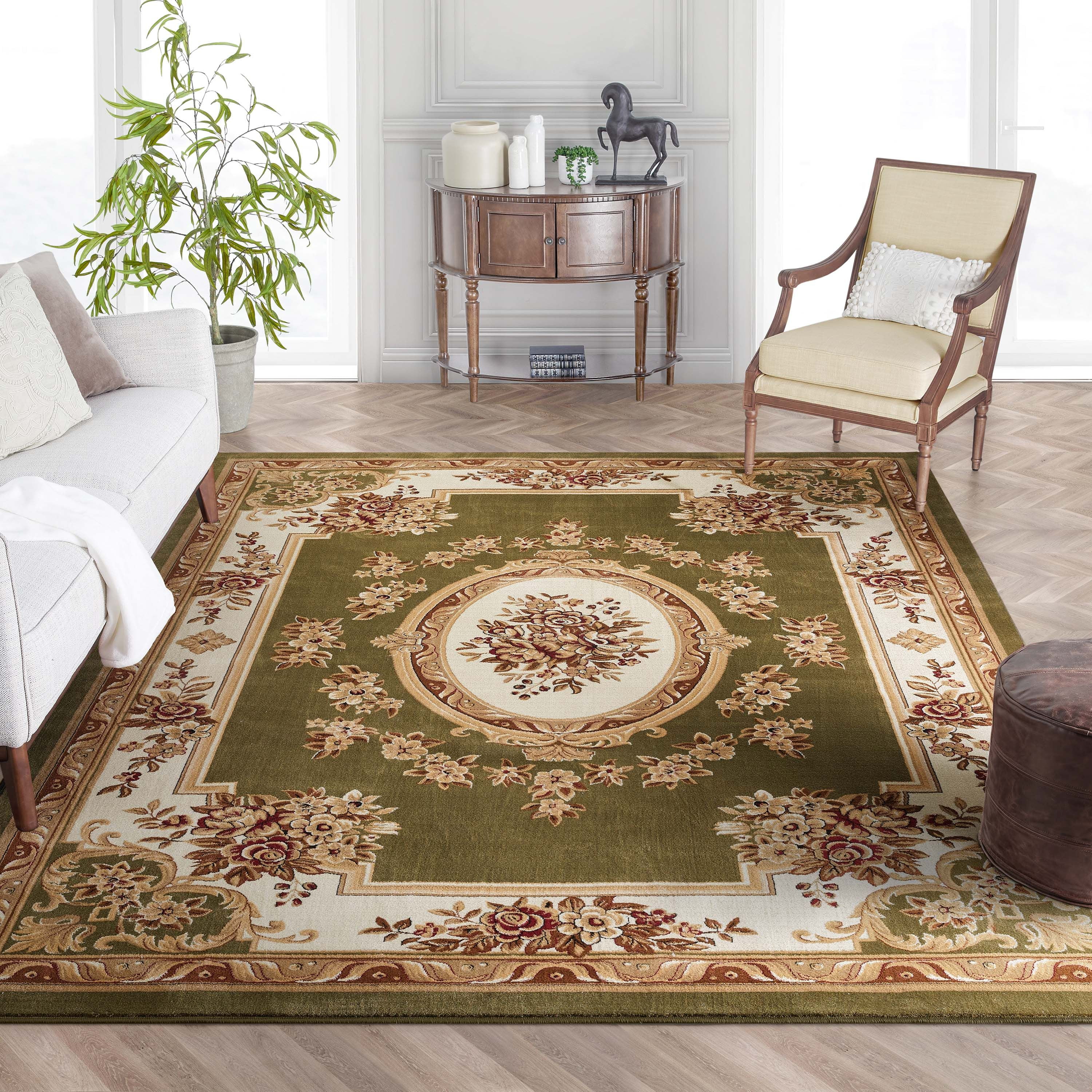 Pastoral Medallion Green French Area Rug European Formal Traditional