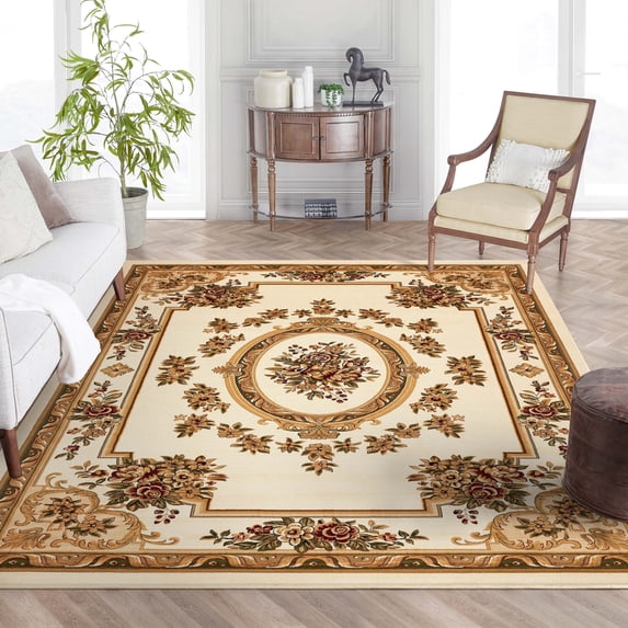 Pastoral Medallion Ivory French Area Rug European Formal Traditional Area Rug 7' x 9' Easy Clean Stain Fade Resistant Shed Free Modern Classic Contemporary Thick Soft Plush Living Dining Room Rug