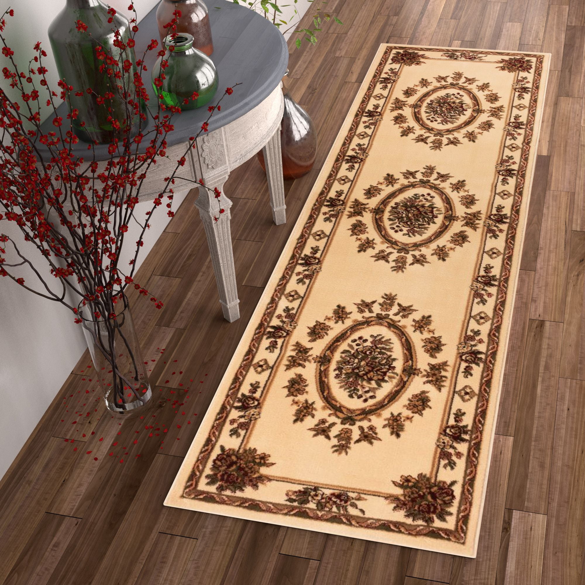 Ivory and Beige Synthetic Floral Medallion Runner Rug