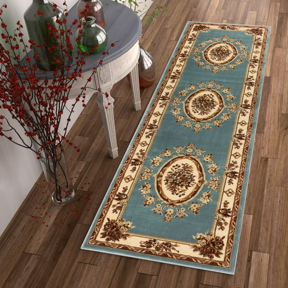 Pastoral Medallion Light Blue French European Formal Traditional 3x12 (2'7" x 12') Runner Rug Stain Fade Resistant Contemporary Floral Thick Soft Plush Hallway Entryway Living Dining Room Area Rug