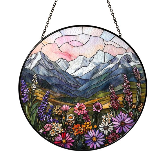 Pastoral Mountain Flower Suncatcher Circle Window Panel Ornament Decor