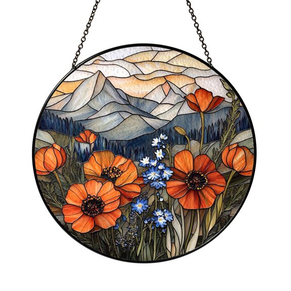 Pastoral Mountain Meadow Suncatcher Round Window Hanging Plaque Art