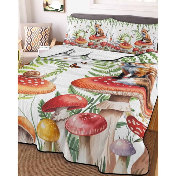 Pastoral Mushroom Fox Full Size Down Alternative Comforter, Lightweight Comforter Quilt Bedding Set with Pillow Shams Watercolor Eucalyptus Botanical All Seasons Bed Comforter Duvet Insert 78"x90"