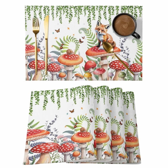 Pastoral Mushroom Fox Placemats Set of 6 Watercolor Eucalyptus Botanical Place Mats Indoor Wipeable Table Mats Washable Cloth Dining Table Placemats for Kitchen Holiday Party Home Decor 13x19 Inch