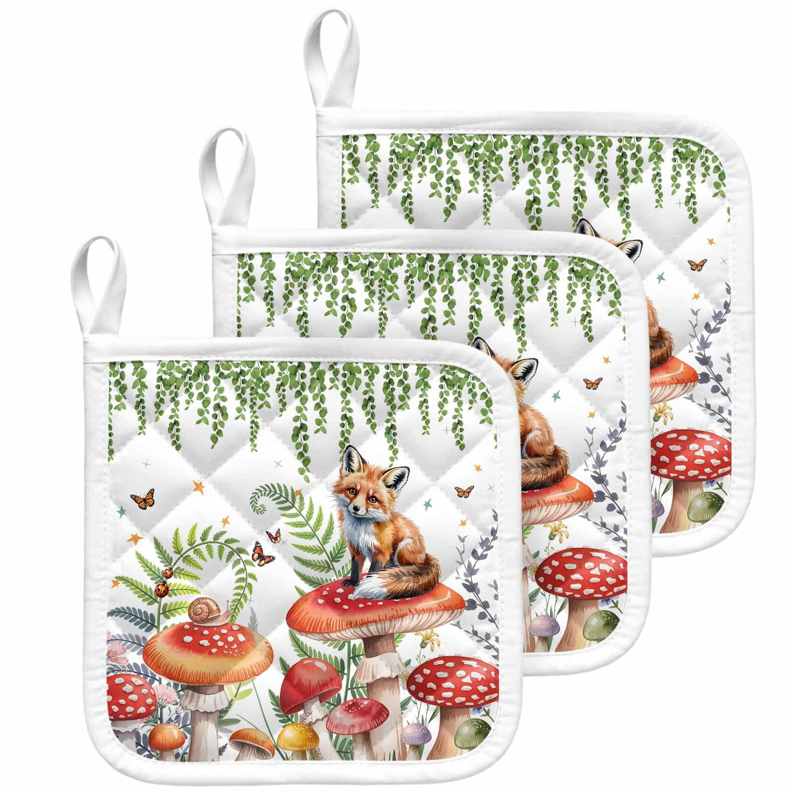 Pastoral Mushroom Fox Pot Holders for Kitchen Heatproof Potholder, 3 Pack Watercolor Eucalyptus Botanical Hot Pads Multipurpose Oven Pads Cloth Potholders Trivet for Cooking Baking