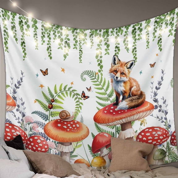 Pastoral Mushroom Fox Tapestry for Bedroom Wall Hanging Tapestry, Watercolor Eucalyptus Botanical Ceiling Backdrop Tapestries Poster Blanket Wall Decor for Teens Room Living Room Dorm 59" x 79"