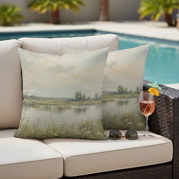 Pastoral Outdoor Waterproof Throw Pillow Covers Set of 2, 16"x16", Rustic Country Green Meadow Reeds Water Puddle Landscape Decorative Pillow Covers Outside Cushion Case for Patio Porch Garden