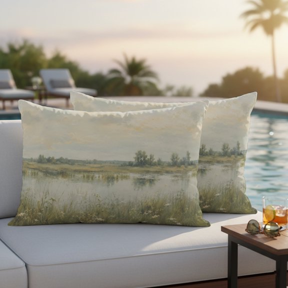 Pastoral Outdoor Waterproof Throw Pillow Covers Set of 2, 20"x12", Rustic Country Green Meadow Reeds Water Puddle Landscape Decorative Pillow Covers Outside Cushion Case for Patio Porch Garden