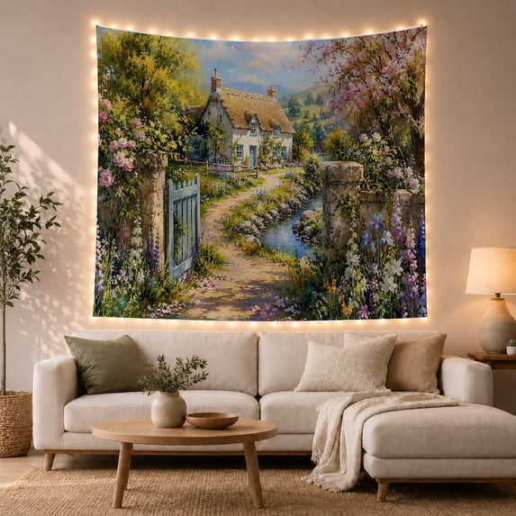 Pastoral Painting Quaint With Thatched Roof Stone Cottage, Mystical Fantasy for Space Lovers, Galaxy Room Decor, Valentine's Day Gift, Tapestry Wall Hanging for Bedroom and Dorm