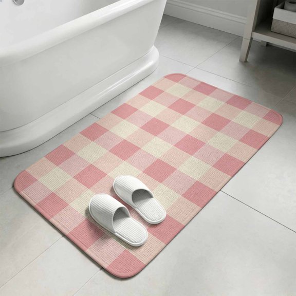 Pastoral Pink Gingham Check Door Mat,Indoor Outdoor Welcome Doormat Vintage Linen Texture Absorbent Linen Front Door Mats Non-Slip Entrance Rug for Kitchen Bathroom Entryway,16x24in