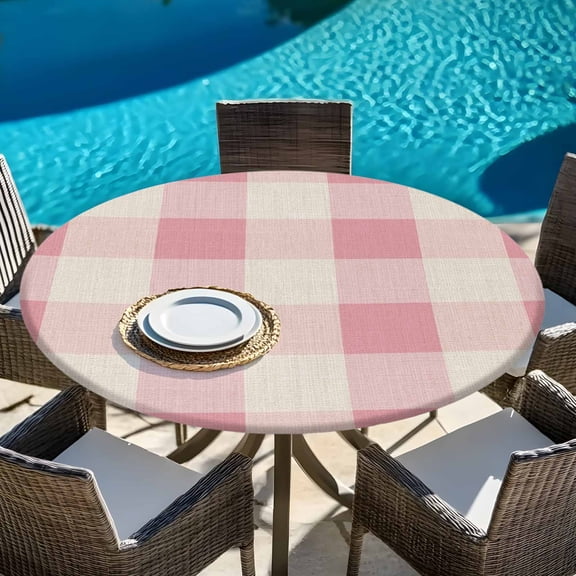 Pastoral Pink Gingham Check Round Fitted Tablecloth with Elastic Edge,Waterproof Table Cloth Fits Tables Up to 45"-54",Wipeable Table Cover for Indoor Outdoor Dinning Party,Vintage Linen Texture