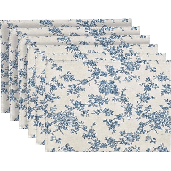 Pastoral Placemats for Dining Table Set of 6, Reversable & Heat-Resistant Non-Slip Place Mats for Kitchen Table Mats 12x18 Inch, Floral (Dark Blue)