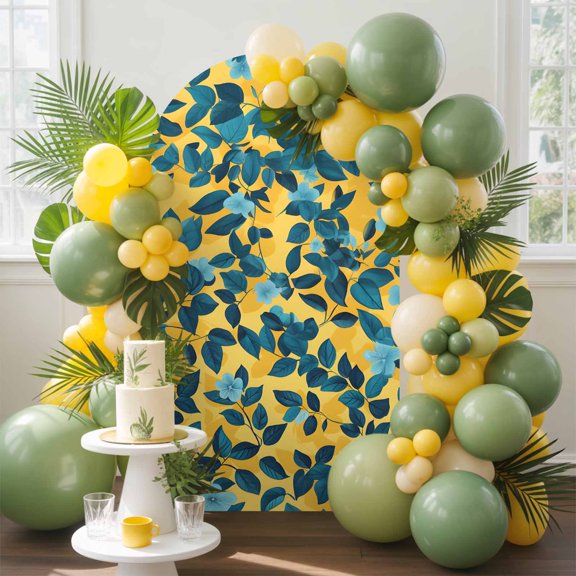 Pastoral Plant Arch Backdrop Cover, 4FT, Blue Flowers Navy Leaf Yellow Background Spandex Arch Covers Double-Sided Backdrop for Wedding Birthday Party Photo Background Decoration