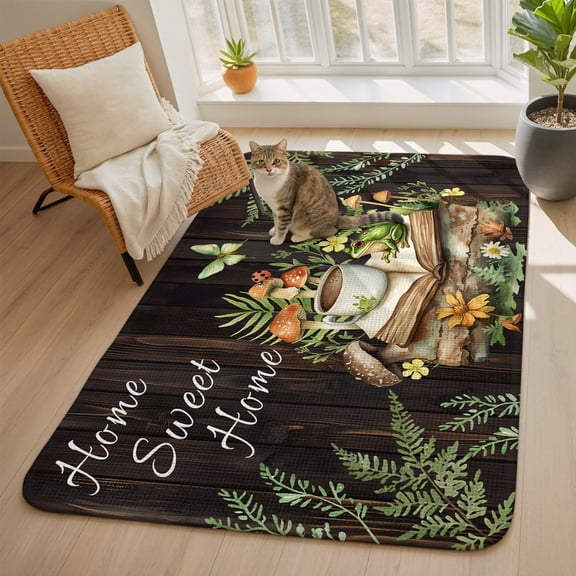 Pastoral Plant Area Rugs for Living Room 5x6, Home Sweet Frog Butterfly Coffee Book Washable Area Rug with Non Slip Backing, Stain Resist Linen Carpet for Bedroom, Dining Room, Entryway, Entrance