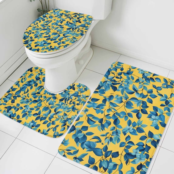 Pastoral Plant Bathroom Rugs Set Blue Leaf Branch Yellow Background Non Slip Absorbent Soft Bath Mats 3 Piece Set with Bathroom Rug, U-Shaped Floor Mat, Toilet Seat Cover Large Size