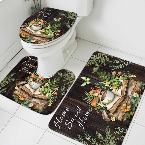 Pastoral Plant Bathroom Rugs Set Home Sweet Frog Butterfly Coffee Book Non Slip Absorbent Soft Bath Mats 3 Piece Set with Bathroom Rug, U-Shaped Floor Mat, Toilet Seat Cover Small Size