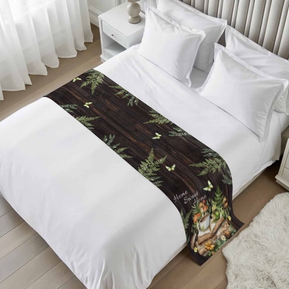 Pastoral Plant Bed Runner Scarf, Home Sweet Frog Butterfly Coffee Book Twin Bed Scarf Runner, No Fading Decorative Bedding Scarf for Bedroom Hotels Homes and Guestrooms