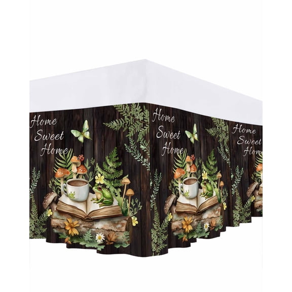 Pastoral Plant Bed Skirt Home Sweet Frog Butterfly Coffee Book Bed Skirts Queen Size 16 Inch Drop, Wrap Around Dust Ruffle Bedskirt with Adjustable Elastic Belt for Queen Size Beds